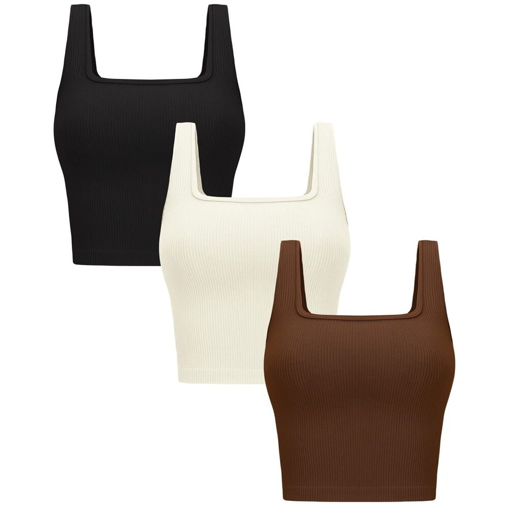 Women's 3 Pack Crop Tank Tops - Seamless Ribbed Sleeveless Square Neck